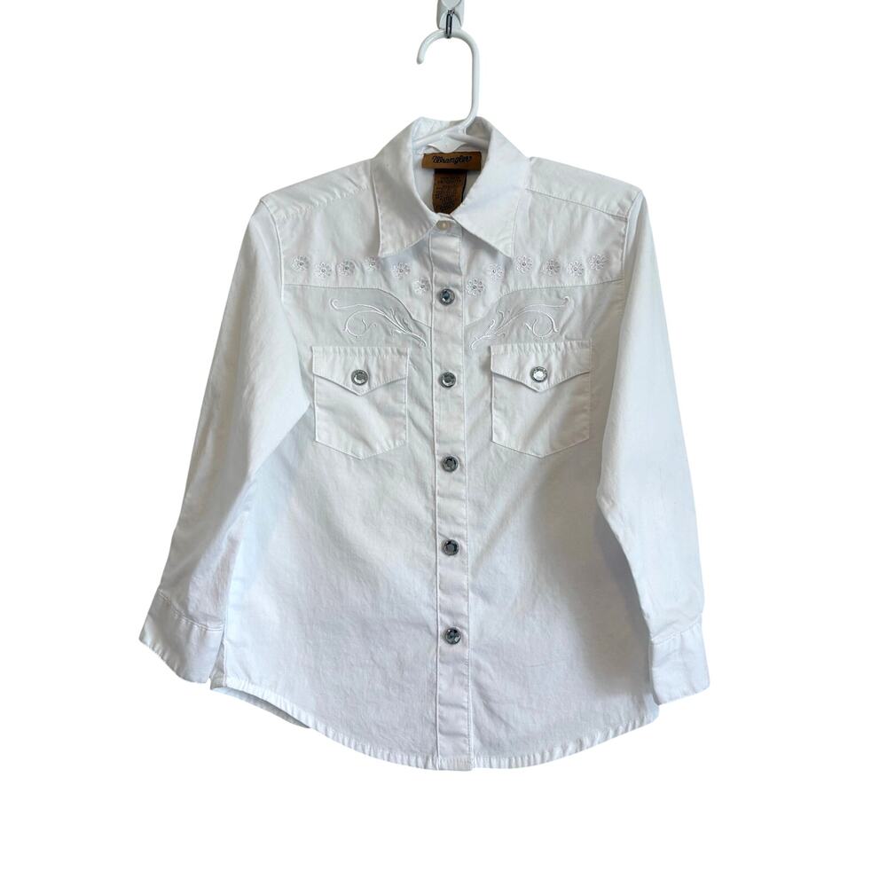 Wrangler Girls Classic Long Sleeve Western Snap Shirt White Embroidered XS